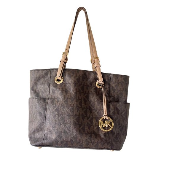 Michael Kors Handbags - Michael Kors Signature Monogram Brown Jet Set Shoulder Double Strap Tote Purse